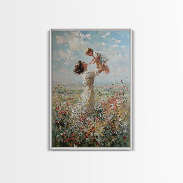 Mother Lifting Baby In Soft Wildflower Meadow Wall Art, Impressionist Oil Painting, Nursery Decor, Mothers Day Gift For Mom