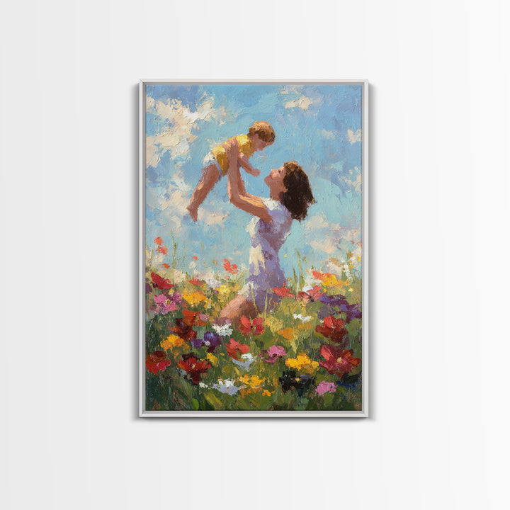 Kneeling Mother Lifting Baby Among Poppies Canvas Print, Impressionist Floral Wall Art, Nursery Decor, Mothers Day Gift For Mom