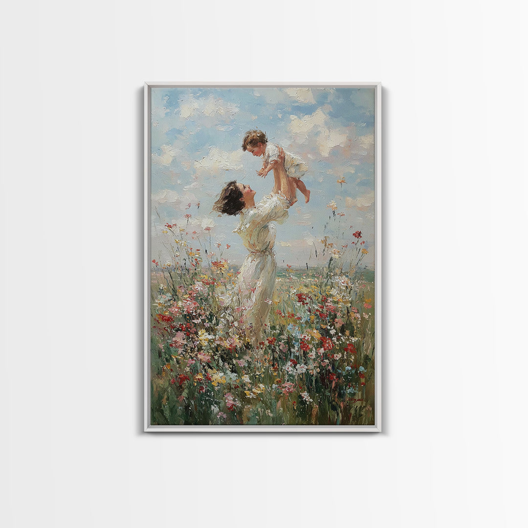 Airy Mother And Toddler In Wild Meadow Framed Canvas Print, Impressionist Wall Art, Living Room Decor, Mothers Day Gift For Mom