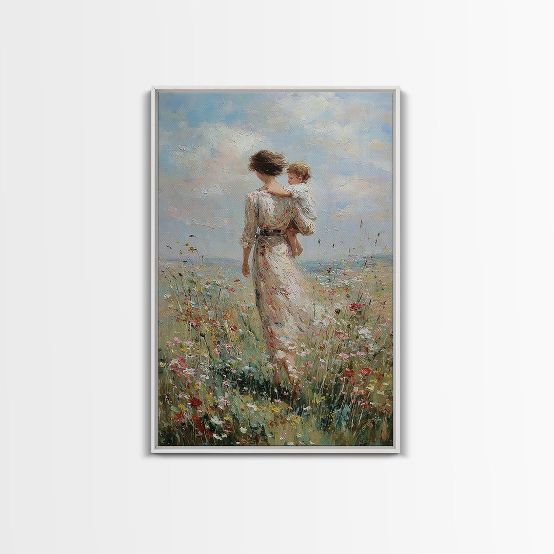 Mother And Child Walking Through Wildflower Meadow Canvas Print, Impressionist Wall Art, Nursery Decor, Mothers Day Gift
