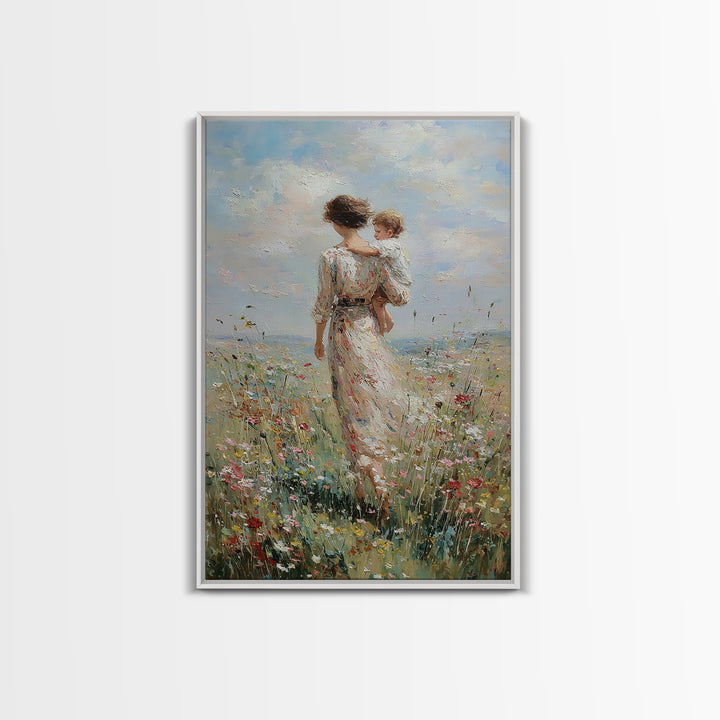 Mother And Child Walking Through Wildflower Meadow Canvas Print, Impressionist Wall Art, Nursery Decor, Mothers Day Gift