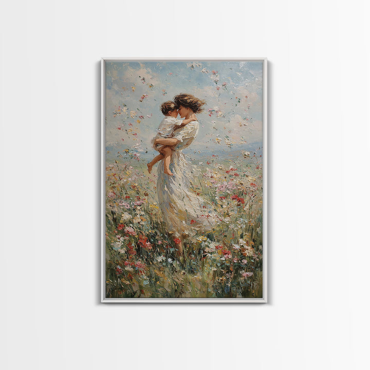 Mother Embracing Baby In Windblown Flower Meadow Framed Canvas Print, Impressionist Floral Wall Art, Nursery Decor, Mothers Day Gift For Mom