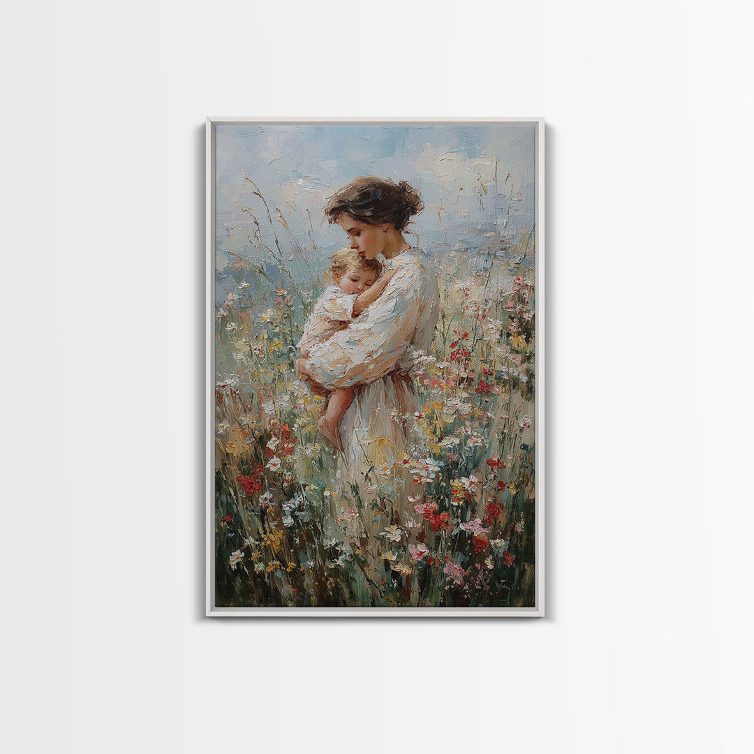 Tender Mother Cuddling Baby In Wildflowers Framed Canvas Print, Impressionist Floral Wall Art, Nursery Decor, Mothers Day Gift For Mom