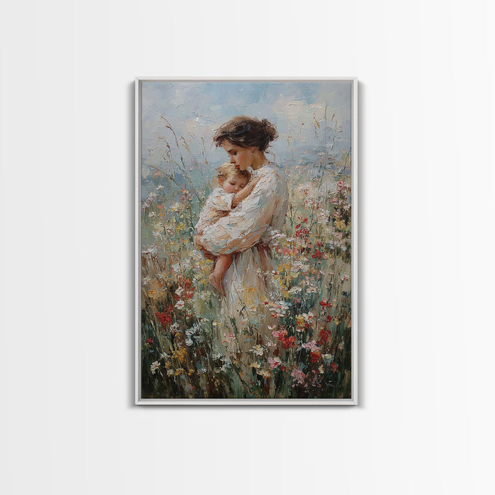 Tender Mother Cuddling Baby In Wildflowers Framed Canvas Print, Impressionist Floral Wall Art, Nursery Decor, Mothers Day Gift For Mom