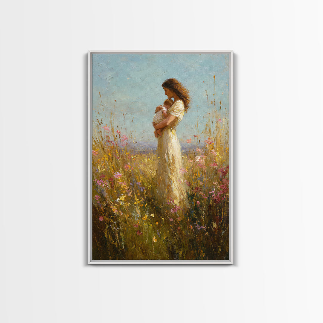 Mother Holding Baby In Wildflower Meadow Wall Art, Impressionist Oil Painting, Feminine Nursery Decor, Gift For Mom, Home Decor
