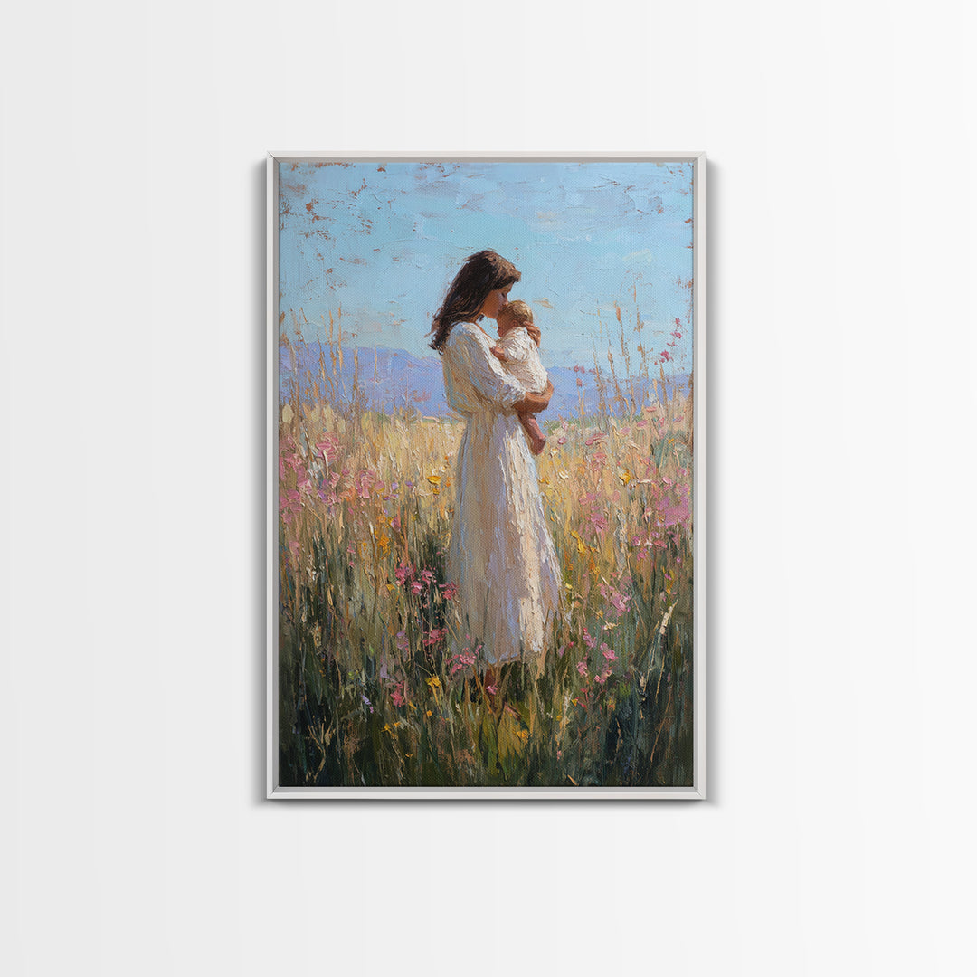 Mother And Baby In Sunlit Wildflower Field Framed Canvas Print, Impressionist Painting, Nursery Wall Art, Gift For Mom, Decor
