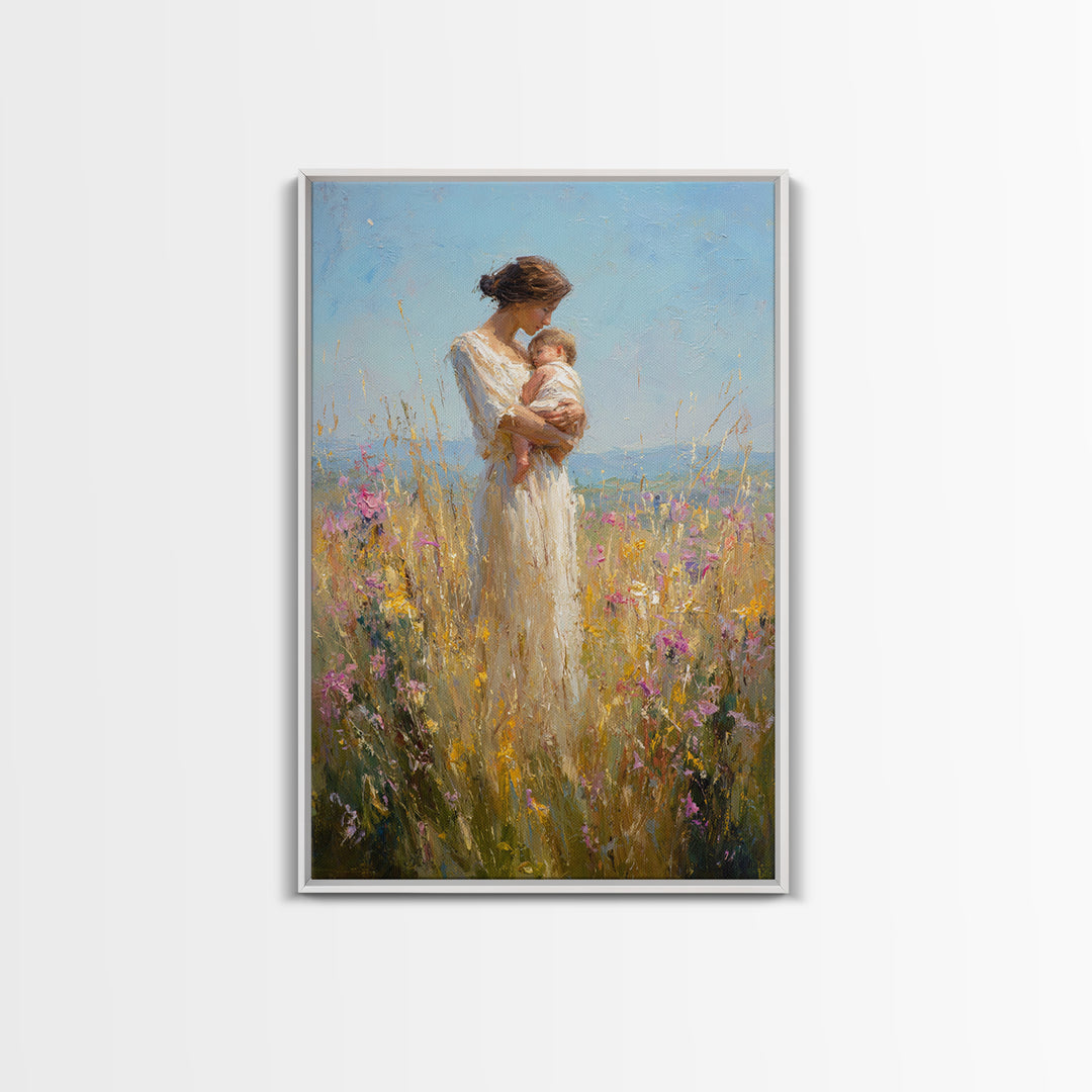 Mother Cradling Baby In Golden Wildflower Meadow Canvas Print, Impressionist Oil Painting, Feminine Wall Art, Gift For Mom
