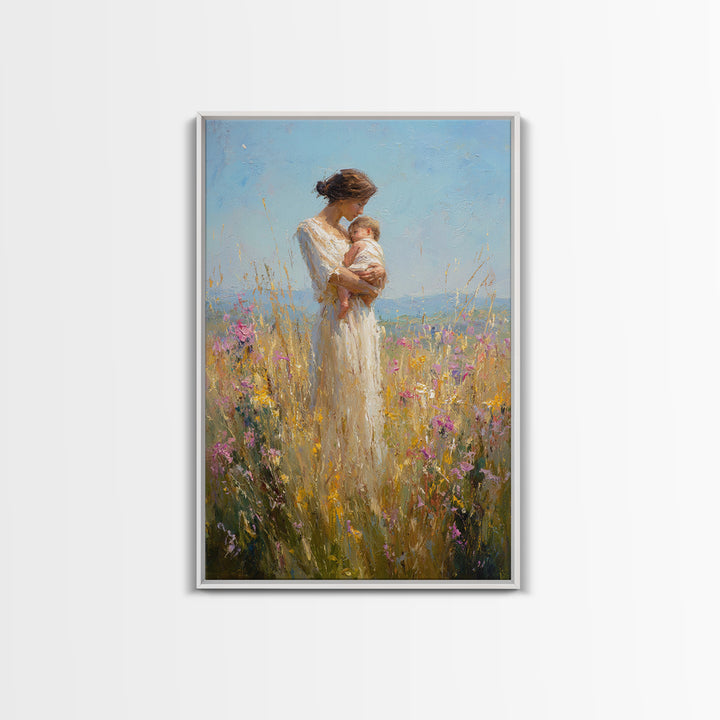 Mother Cradling Baby In Golden Wildflower Meadow Canvas Print, Impressionist Oil Painting, Feminine Wall Art, Gift For Mom