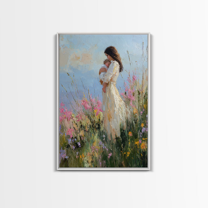Mother And Newborn In Pink Wildflower Garden Wall Art, Impressionist Oil Painting, Feminine Nursery Decor, Gift For Mom, Home Decor