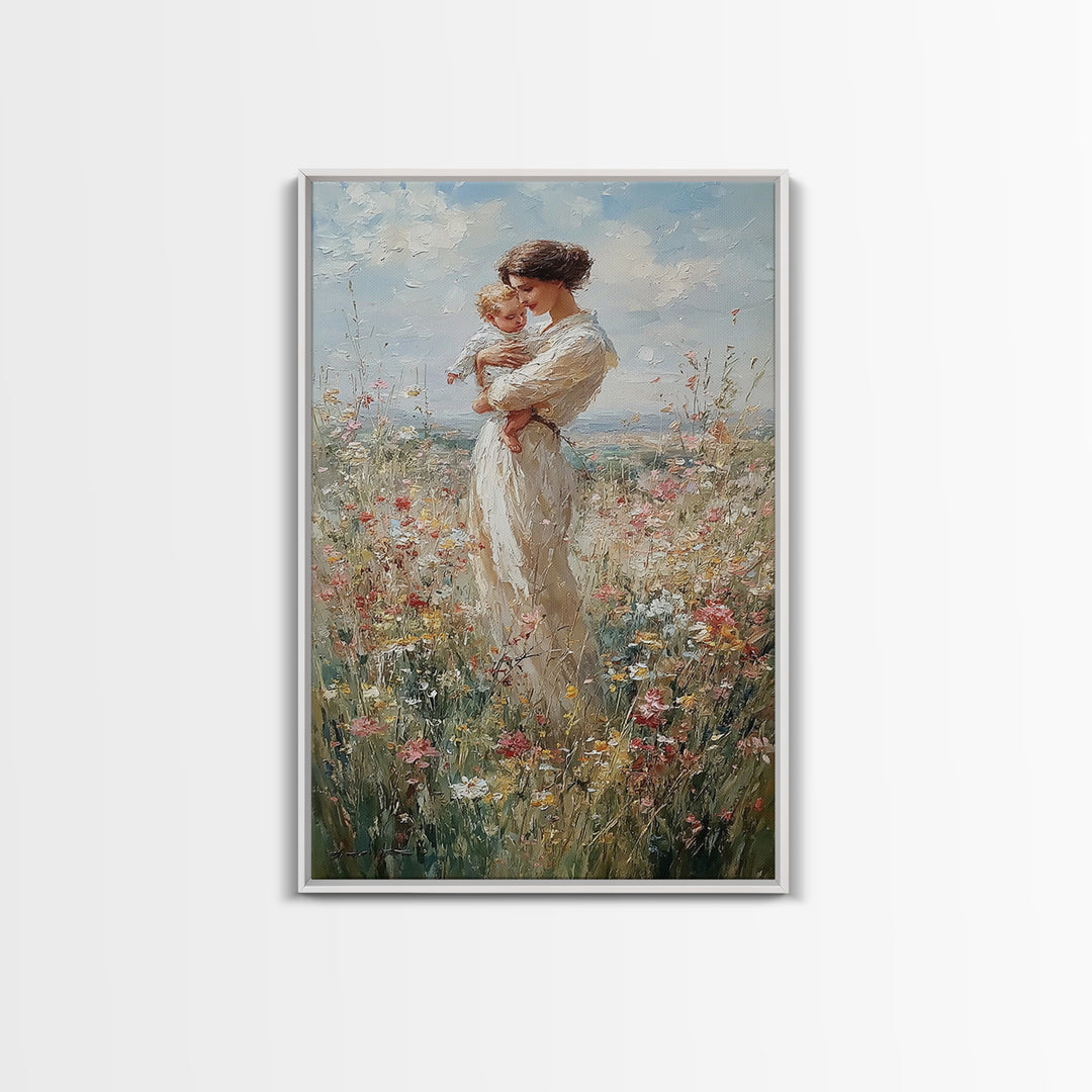 Mother And Baby Among Daisies And Wildflowers Framed Canvas Print, Impressionist Painting, Nursery Wall Art, Gift For Mom