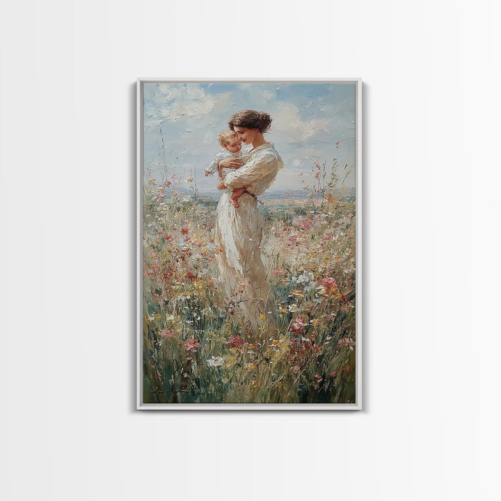 Mother And Baby Among Daisies And Wildflowers Framed Canvas Print, Impressionist Painting, Nursery Wall Art, Gift For Mom