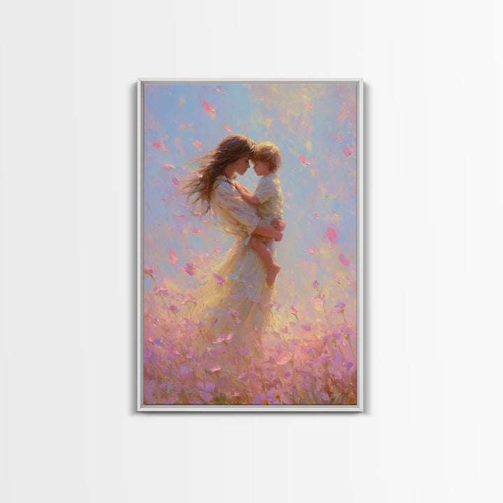 Mother Holding Child In Pink Petal Meadow Framed Canvas Print, Dreamy Impressionist Painting, Feminine Wall Art, Gift For Mom