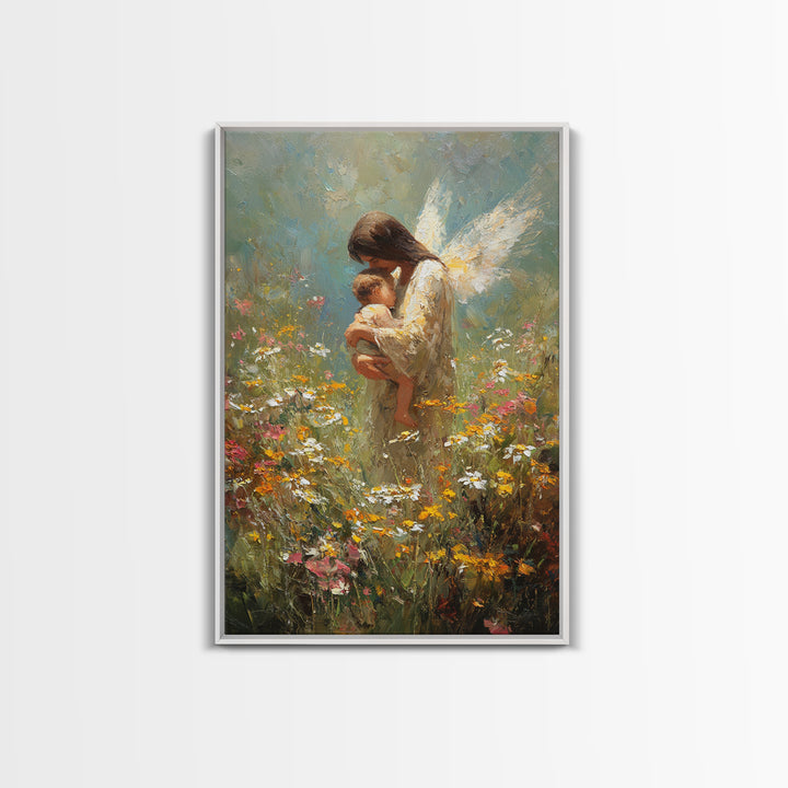 Angel Mother Holding Baby In Wildflower Meadow Framed Canvas Print, Guardian Angel Nursery Art, Spiritual Gift For Mom, Home Decor