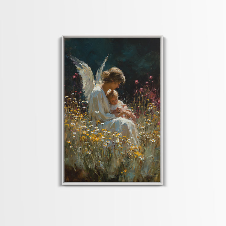 Seated Guardian Angel With Baby In Daisy Meadow Canvas Print, Spiritual Nursery Wall Art, Gift For Her, Moody Home Decor