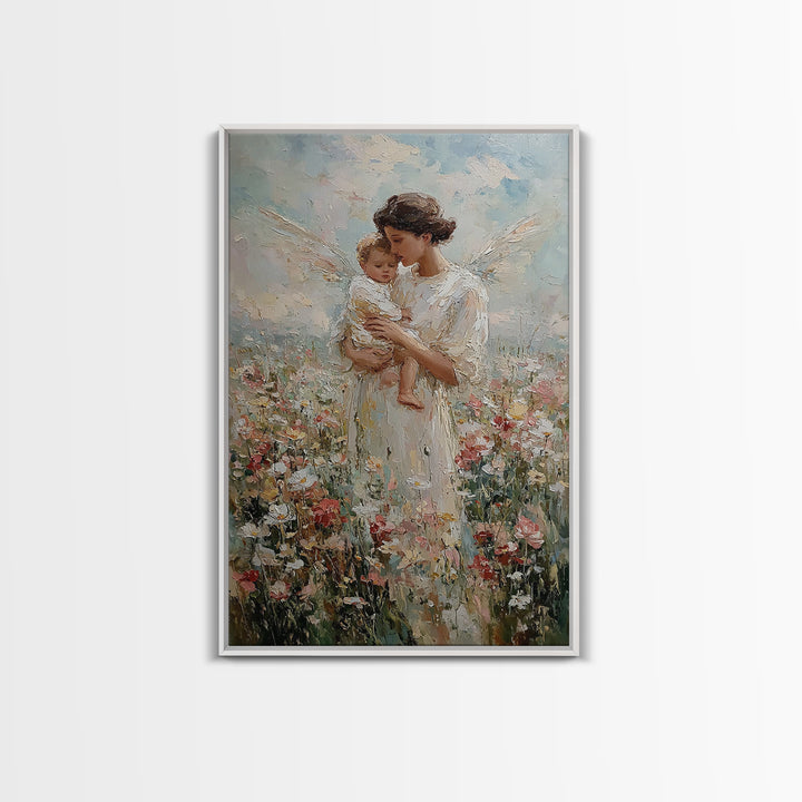 Tender Angel Mother And Baby In Flower Field Framed Canvas Print, Spiritual Wall Art, Nursery Decor, Gift For Mom, Fine Art Print