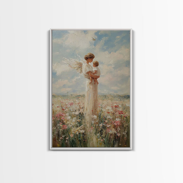 White Winged Angel Cradling Baby In Sunny Meadow Wall Art, Christian Nursery Decor, Spiritual Gift For Mom, Fine Art Print