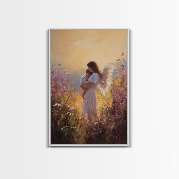 Sunset Angel Mother Holding Baby Among Purple Wildflowers Canvas Print, Spiritual Wall Art, Gift For Mom, Nursery Home Decor
