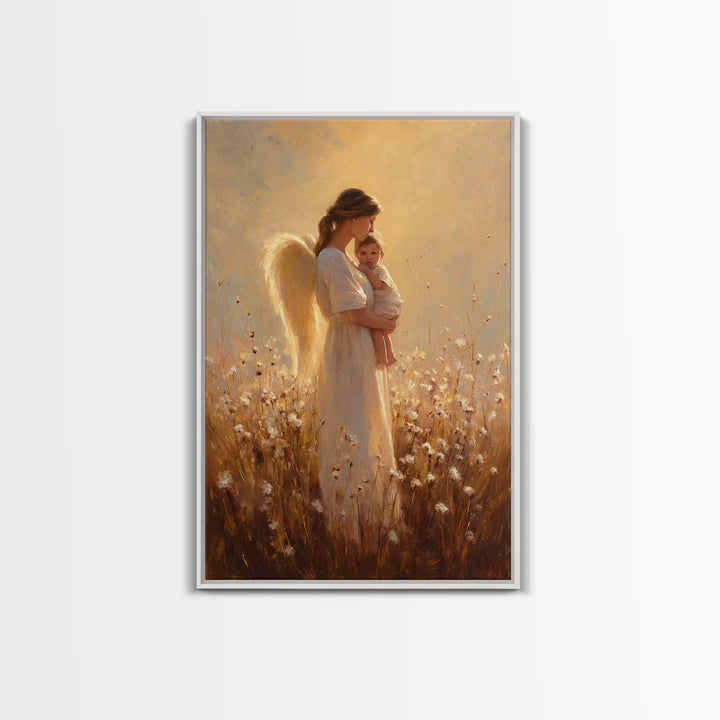 Golden Angel Mother And Baby In Cotton Meadow Framed Canvas Print, Warm Spiritual Wall Art, Nursery Home Decor, Gift For Mom