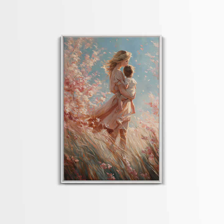Windblown Angel Mother Carrying Baby Through Pink Blossoms Canvas Print, Feminine Spiritual Wall Art, Gift For Mom, Nursery Decor