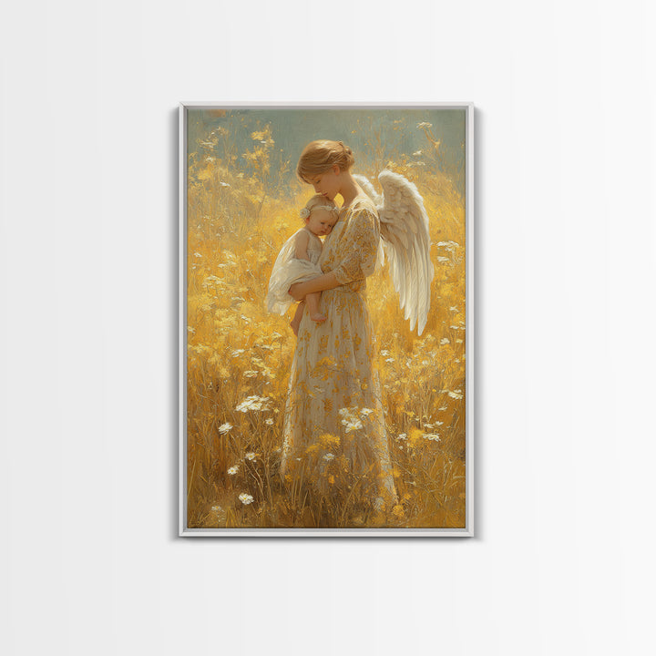 Golden Meadow Angel Holding Sleeping Baby Framed Canvas Print, Spiritual Nursery Wall Art, Gift For Mom, Christian Home Decor