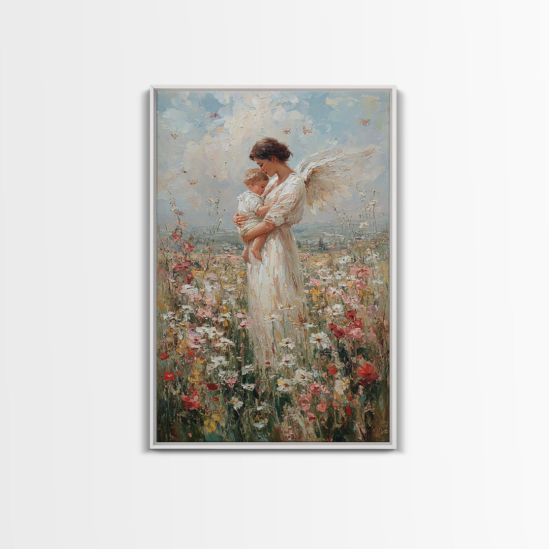 Guardian Angel Mother And Baby In Wildflower Meadow Wall Art, Spiritual Nursery Decor, Christian Gift, Fine Art Print, Home Decor