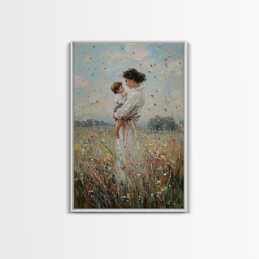 Mother And Baby In Windy Wildflower Meadow Canvas Print, Feminine Wall Art, Nursery Decor, Gift For Mom, Home Decor, Living Room Decor