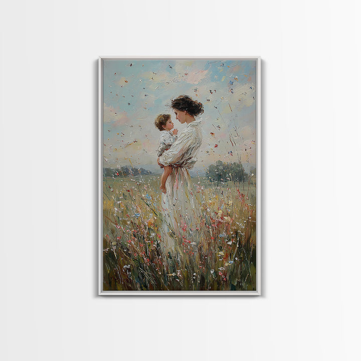 Mother And Baby In Windy Wildflower Meadow Canvas Print, Feminine Wall Art, Nursery Decor, Gift For Mom, Home Decor, Living Room Decor