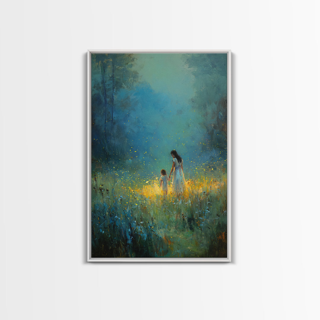 Mother And Child In Glowing Blue Forest Framed Canvas Print, Fantasy Wall Art, Nature Wall Art, Nursery Decor, Gift For Her