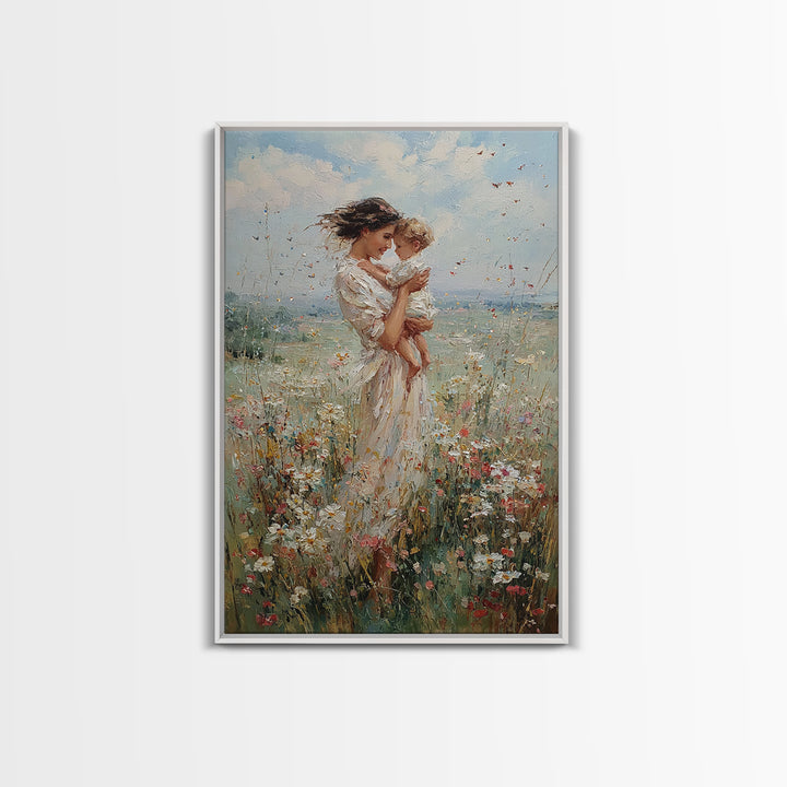 Mother Kissing Baby In Sunlit Wildflower Meadow Wall Art, Feminine Nursery Decor, Fine Art Print, Gift For Mom, Home Decor