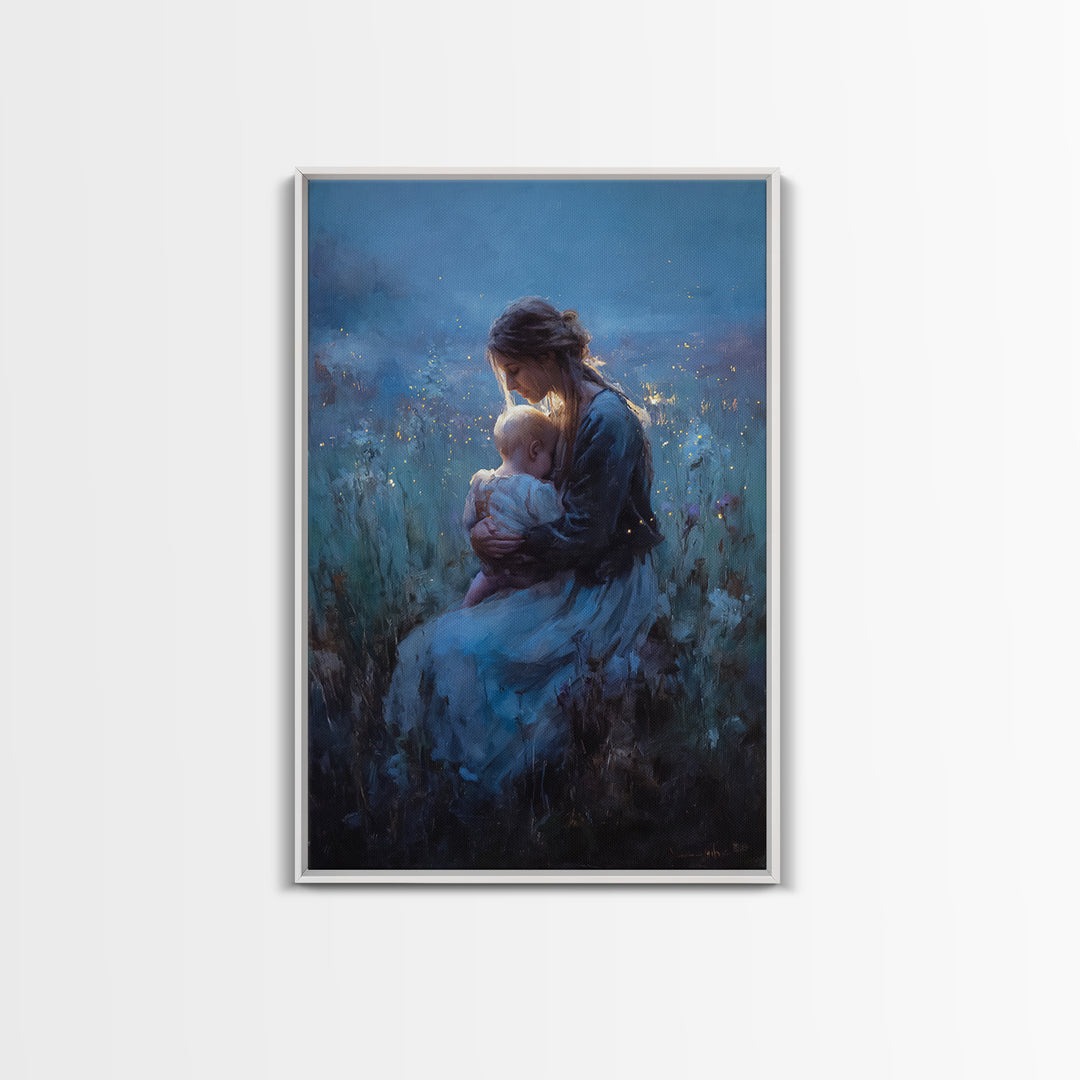 Seated Mother And Baby In Blue Twilight Meadow Wall Art, Moody Nursery Decor, Fine Art Print, Gift For Her, Home Decor, Living Room Decor