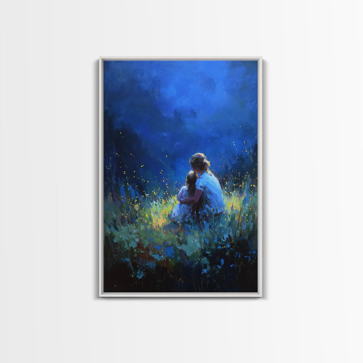 Mother And Child In Deep Blue Firefly Meadow Canvas Print, Moody Wall Art, Fantasy Decor, Nursery Wall Art, Gift For Her