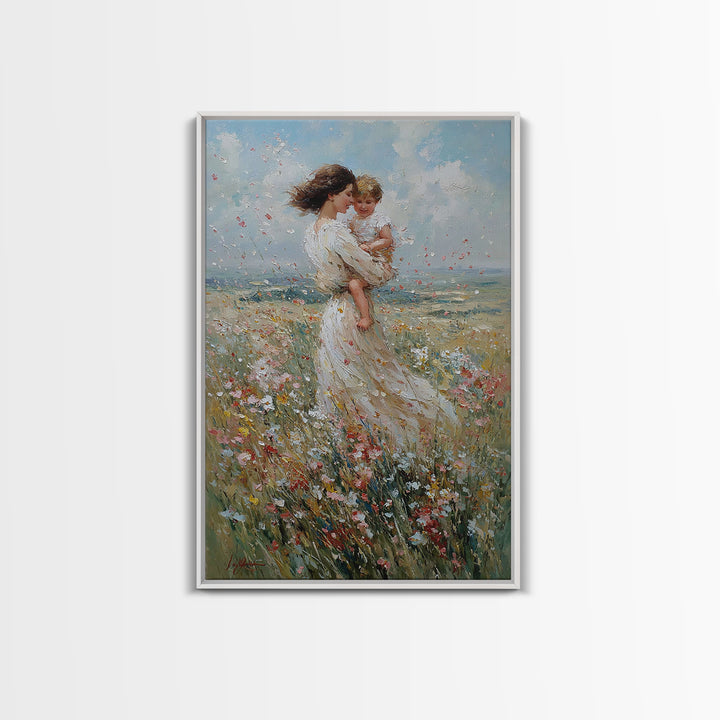 Windblown Mother And Baby In Flower Meadow Canvas Print, Feminine Wall Art, Nursery Decor, Fine Art Print, Gift For Mom, Home Decor