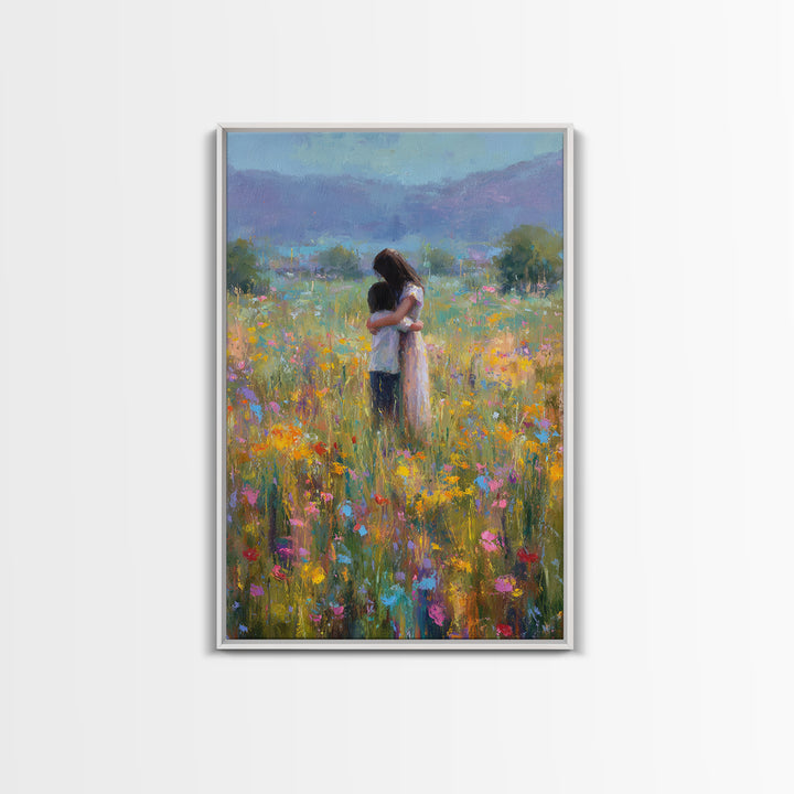 Mother And Child In Wildflower Meadow Wall Art, Impressionist Oil Painting Print, Floral Nursery Decor, Living Room Decor, Gift For Mom