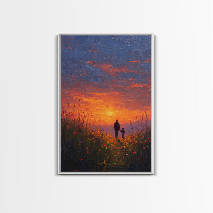 Father And Child Walking At Sunset Wall Art, Colorful Wildflower Meadow Canvas, Family Gift, Living Room Decor, Housewarming Gift
