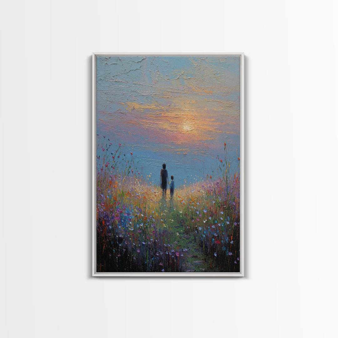 Parent And Child In Misty Wildflower Meadow Canvas Print, Textured Sunset Landscape Wall Art, Calming Living Room Decor Gift