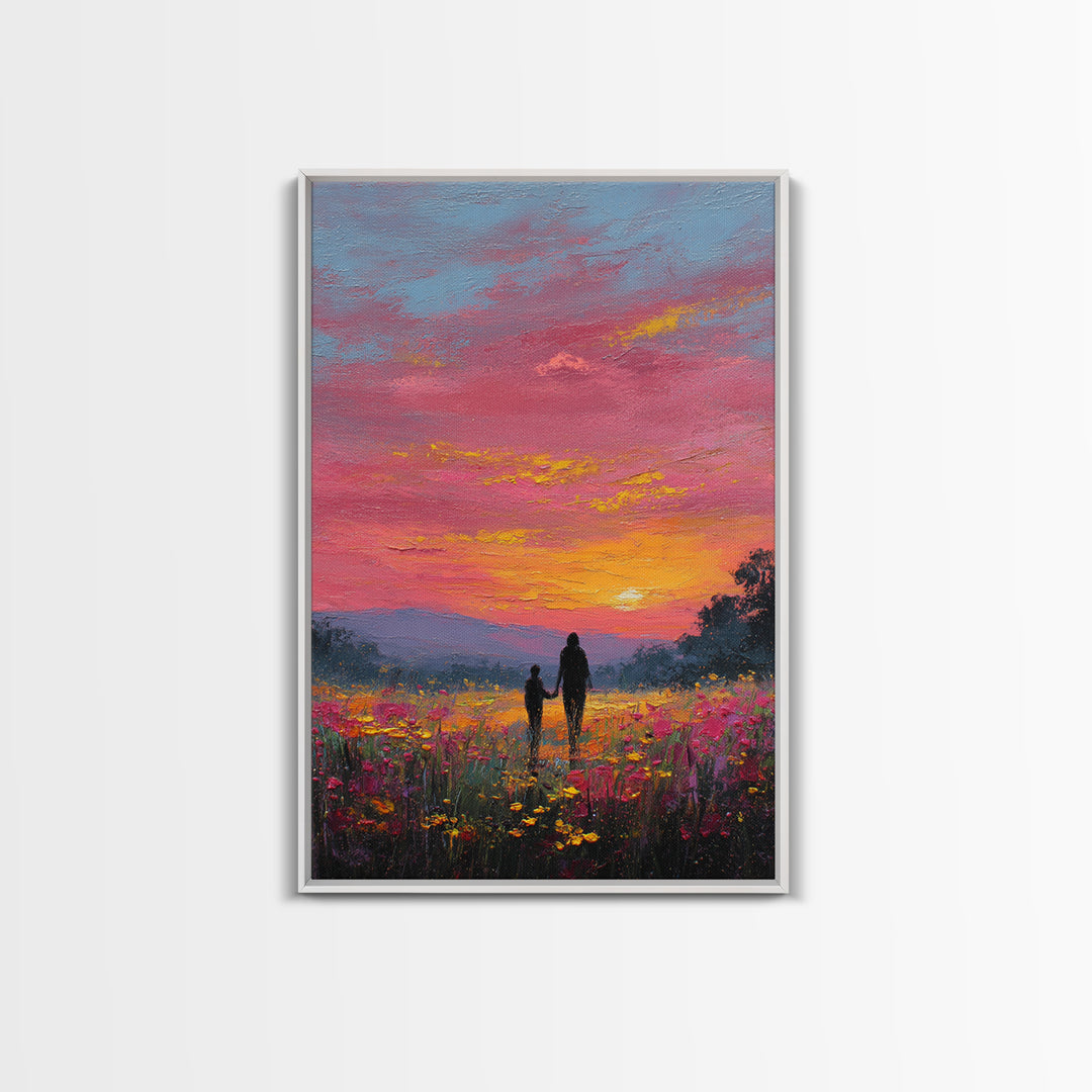 Father And Child Walking Through Pink Sunset Meadow Wall Art, Colorful Landscape Canvas Print, Family Gift, Bedroom Decor