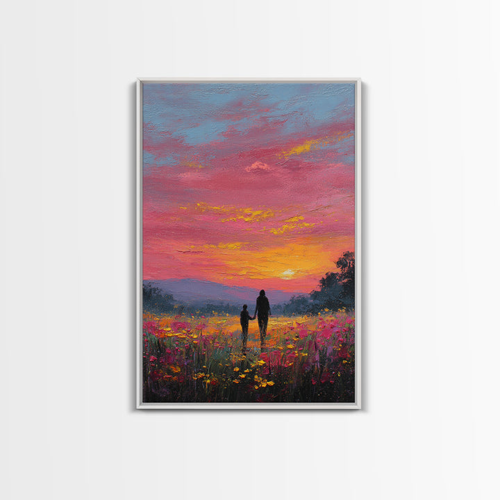 Father And Child Walking Through Pink Sunset Meadow Wall Art, Colorful Landscape Canvas Print, Family Gift, Bedroom Decor