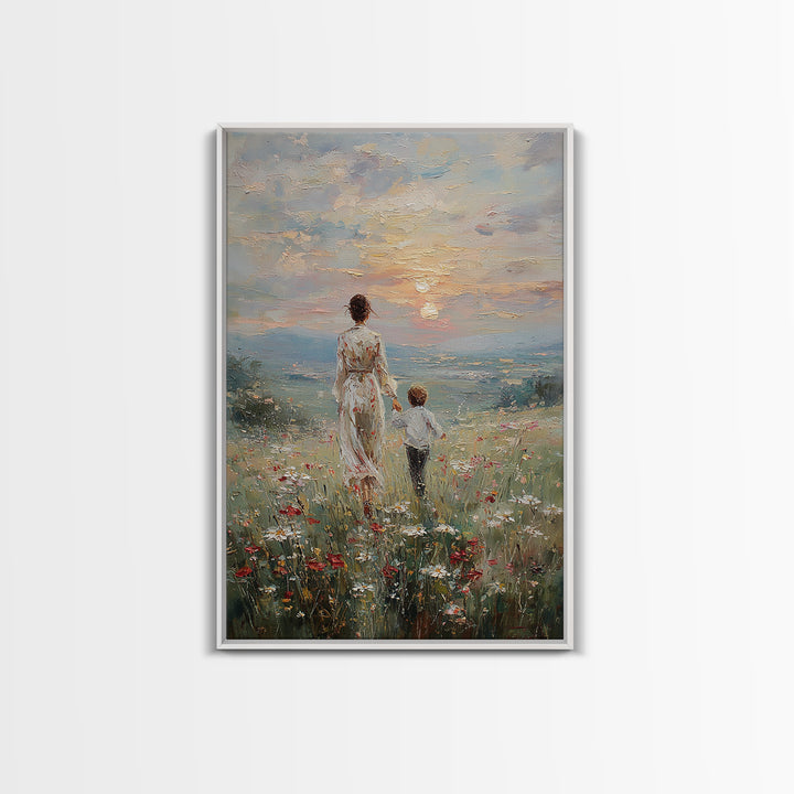 Mother And Son Walking In Wildflower Meadow Framed Canvas Print, Impressionist Sunset Wall Art, Family Gift, Warm Home Decor