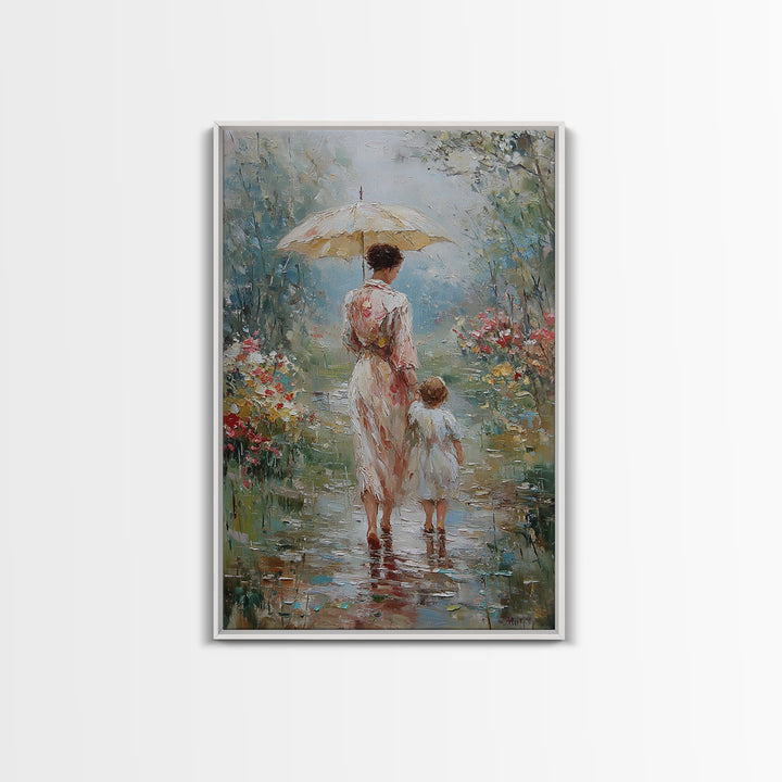 Mother And Child Under Umbrella In Rain Garden Wall Art, Impressionist Oil Painting, Nursery Decor, Gift For Mom, Living Room Decor