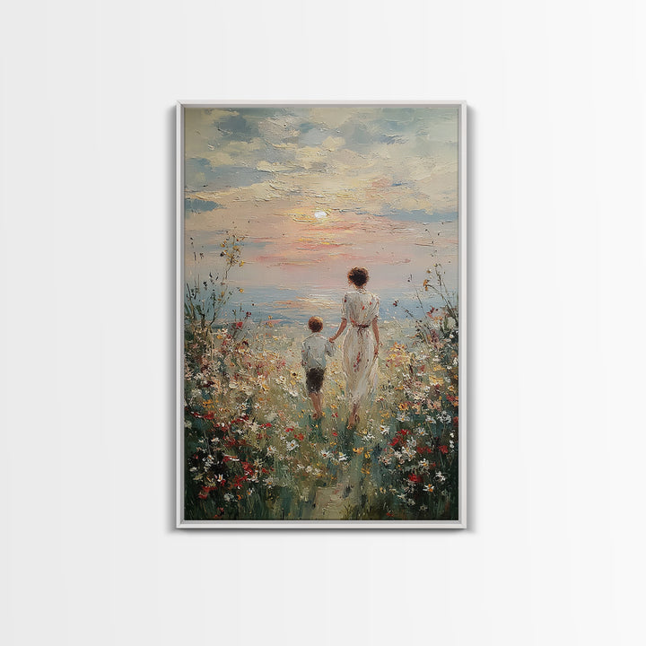 Mother And Child Sunset Seaside Wall Art, Wildflower Path Oil Painting, Coastal Decor, Gift For Mom, Living Room Art, Fine Art Print