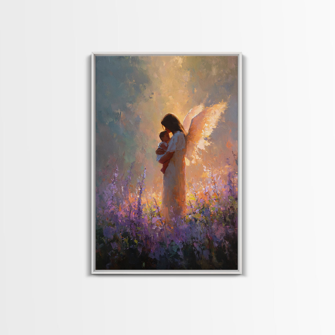 Glowing Guardian Angel With Baby In Lavender Field Canvas Print, Spiritual Wall Art, Christian Decor, Gift For Mom, Nursery Decor