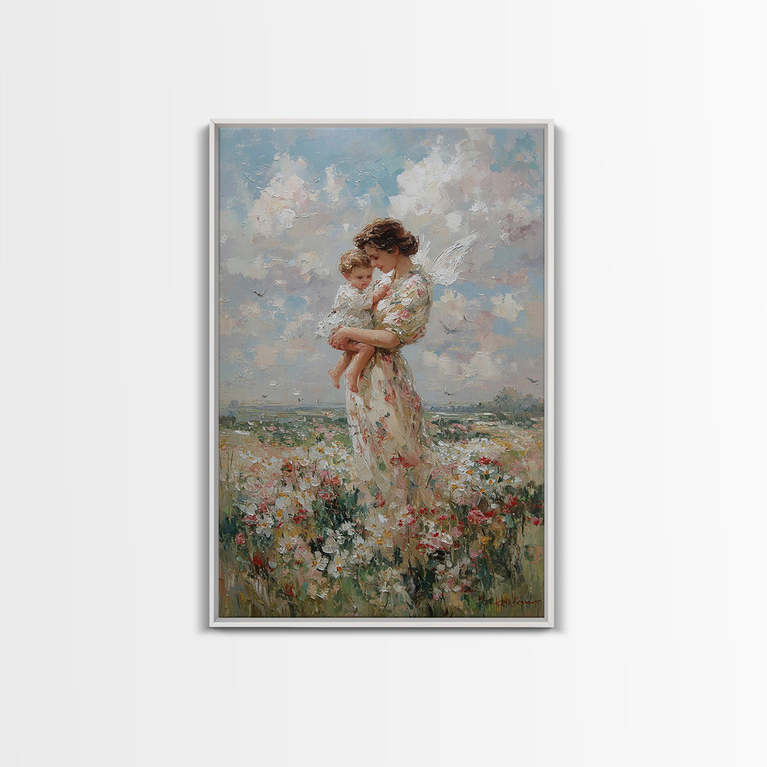 Mother Holding Baby In Daisy Meadow Wall Art, Impressionist Oil Painting, Nursery Decor, Gift For Mom, Fine Art Print, Living Room Decor