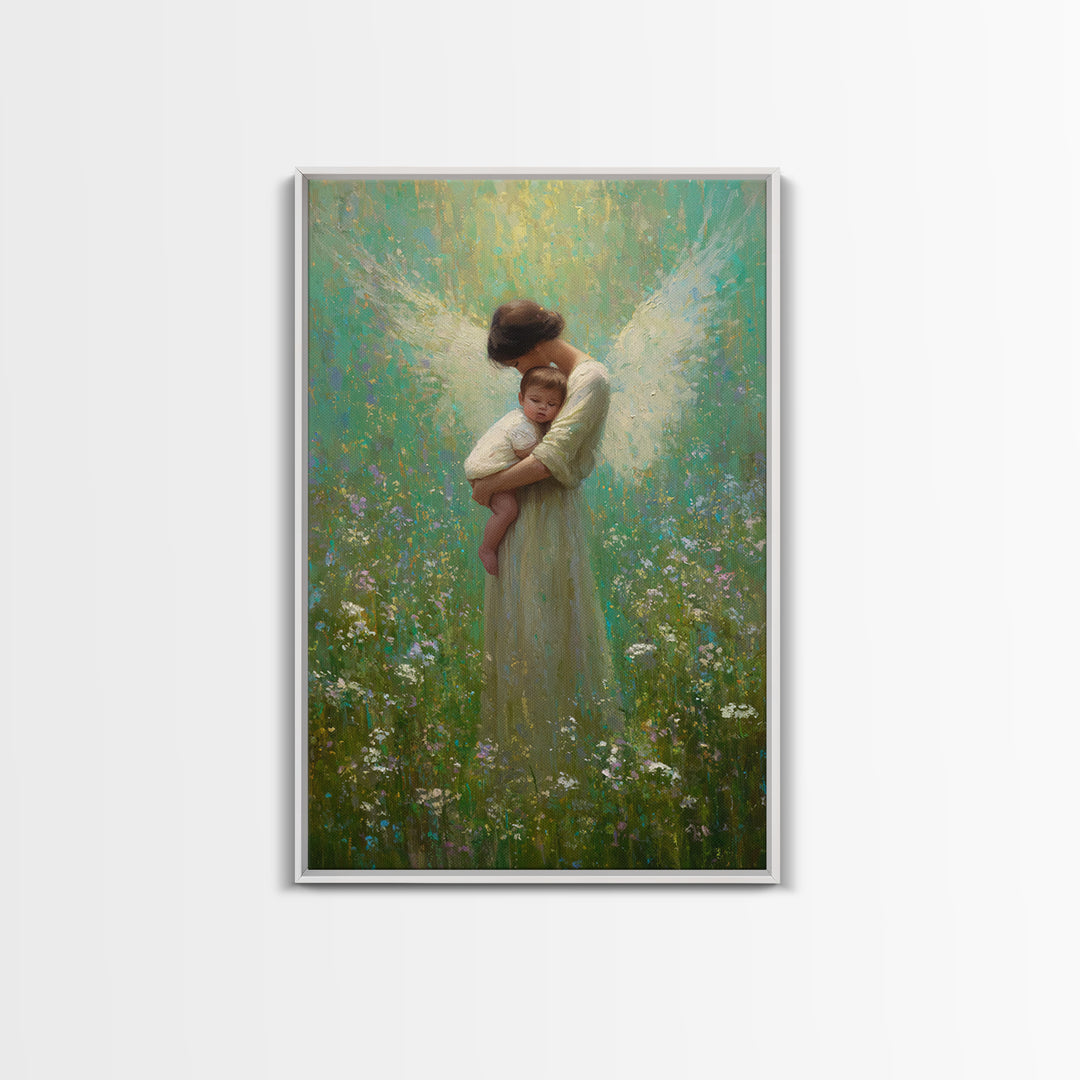 Soft Guardian Angel Holding Baby In Green Meadow Canvas Print, Spiritual Wall Art, Nursery Decor, Baby Shower Gift, Gift For Mom