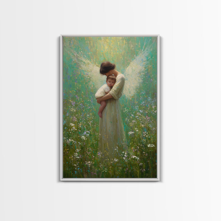Soft Guardian Angel Holding Baby In Green Meadow Canvas Print, Spiritual Wall Art, Nursery Decor, Baby Shower Gift, Gift For Mom