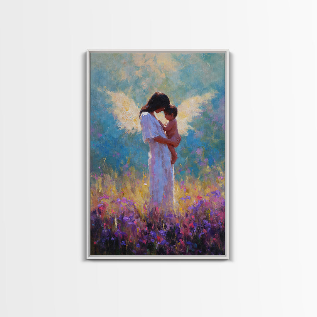 Angel Mother And Baby In Purple Wildflower Field Framed Canvas Print, Spiritual Wall Art, Nursery Decor, Gift For Mom, Baby Shower Gift