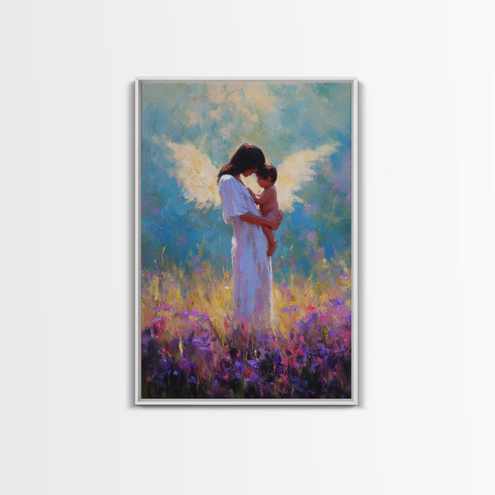 Angel Mother And Baby In Purple Wildflower Field Framed Canvas Print, Spiritual Wall Art, Nursery Decor, Gift For Mom, Baby Shower Gift