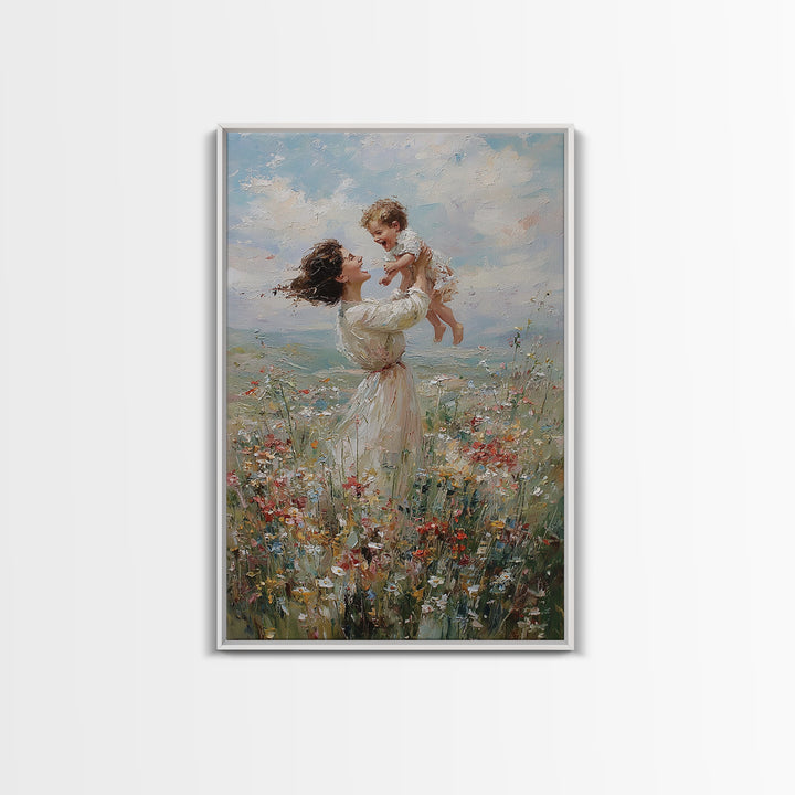 Joyful Mother Lifting Baby In Wildflower Meadow Wall Art, Impressionist Oil Painting, Nursery Decor, Gift For Mom, Living Room Art