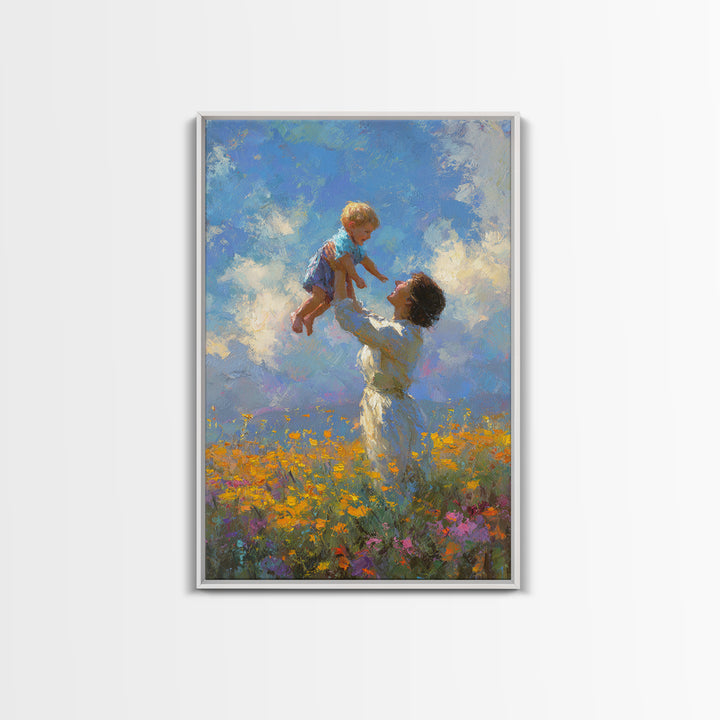 Mother Lifting Child Into Blue Sky Canvas Print, Joyful Wildflower Oil Painting, Nursery Decor, Gift For Mom, Living Room Decor