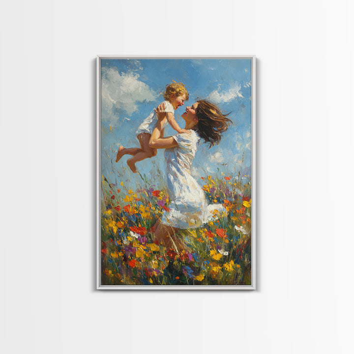 Mother And Child In Wildflower Meadow Wall Art, Impressionist Oil Painting Print, Nursery Decor, Gift For Mom, Feminine Home Decor