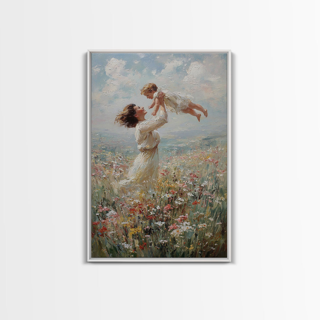 Mother Lifting Baby In Coastal Wildflowers Wall Art, Impressionist Oil Painting, Beach House Decor, Nursery Art, Gift For Her